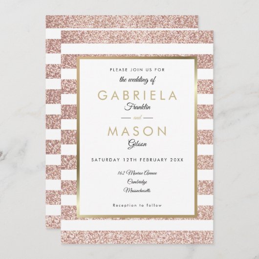 Roos gouden glitter streep bruiloft kaart (Voorkant / Achterkant)