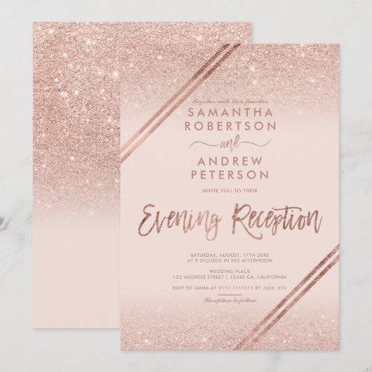 Roos gouden glitter strepen blush roze bruiloft kaart (Voorkant / Achterkant)