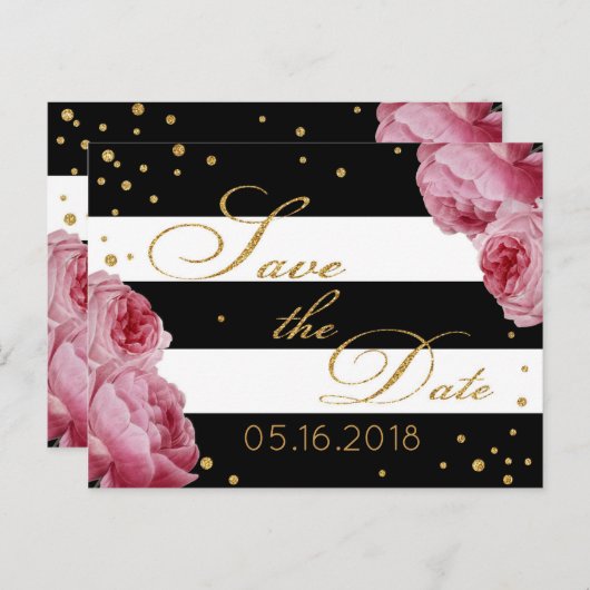 Roos Gouden Glitter Stripe Modern Save the Date Aankondigingskaart (Voorkant / Achterkant)
