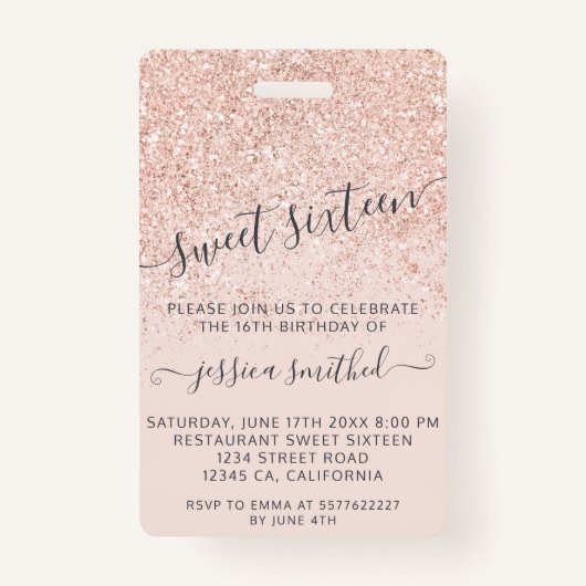 Roos gouden glitter typografie blush Sweet 16 VIP Badge (Achterkant)