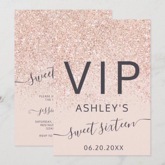 Roos gouden glitter typografie roze VIP Sweet 16 Kaart (Voorkant / Achterkant)