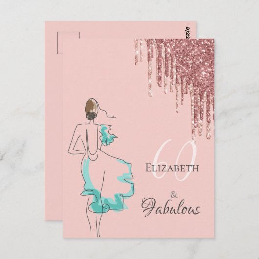 roos gouden glitter-uitnodiging van 60 & geweldige briefkaart (Voorkant / Achterkant)