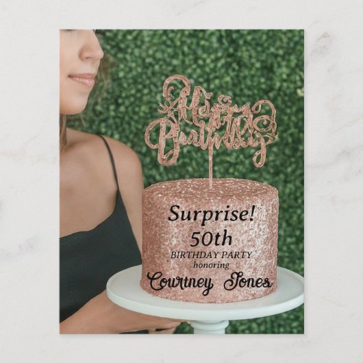 Roos Gouden Glitter Verjaardagstaart 50ste Verjaar Flyer (Voorkant)