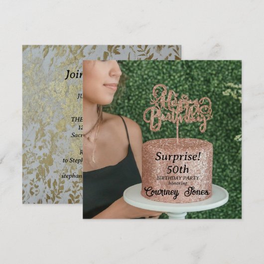 Roos Gouden Glitter Verjaardagstaart 50ste Verjaar Save The Date (Voorkant / Achterkant)