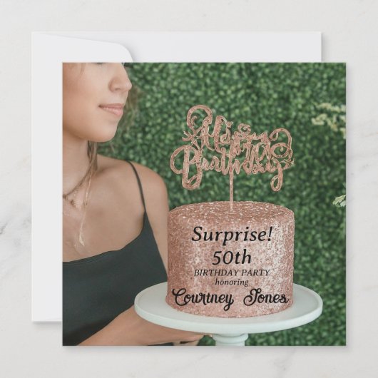 Roos Gouden Glitter Verjaardagstaart 50ste Verjaar Save The Date (Voorkant)