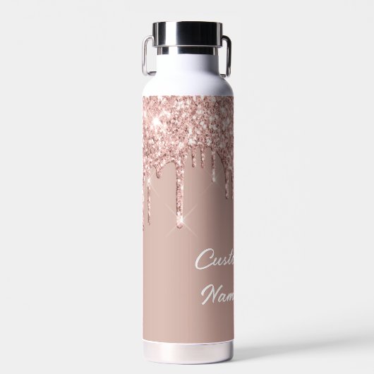 Roos Gouden Glitter Waterfles met aangepaste tekst (Voorkant)