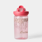 Roos Gouden Glitter Waterfles met aangepaste tekst (Voorkant)