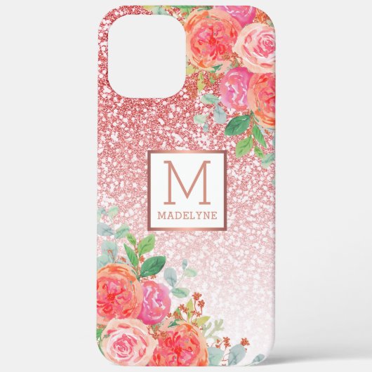 Roos Gouden Glitter Waterverf Bloemen Monogram Naa Case-Mate iPhone Case (Achterkant)