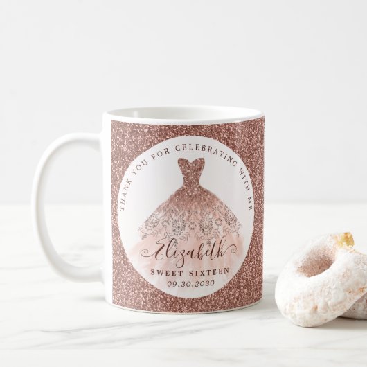 Roos Gouden Glitter Waterverf Jurk Verjaardagsguns Koffiemok (Met donut)