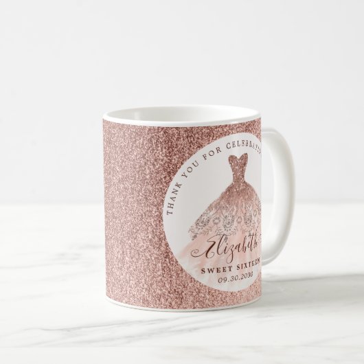 Roos Gouden Glitter Waterverf Jurk Verjaardagsguns Koffiemok (Voorkant rechts)