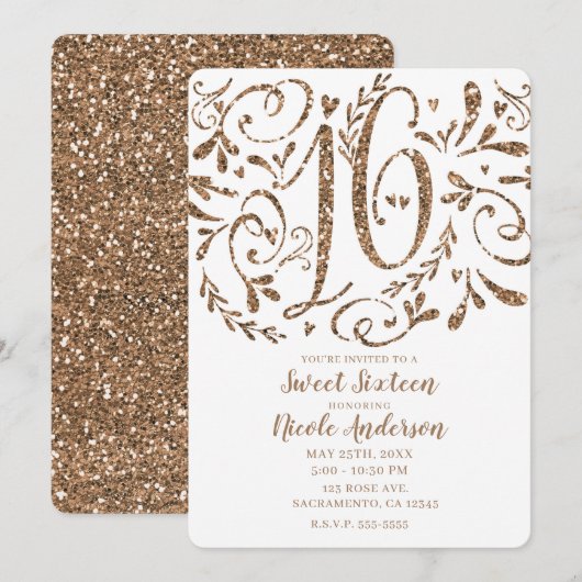 Roos Gouden Glitter Whimsical Lettering Sweet 16 Kaart (Voorkant / Achterkant)