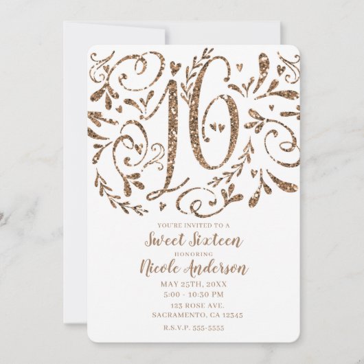 Roos Gouden Glitter Whimsical Lettering Sweet 16 Kaart (Voorkant)