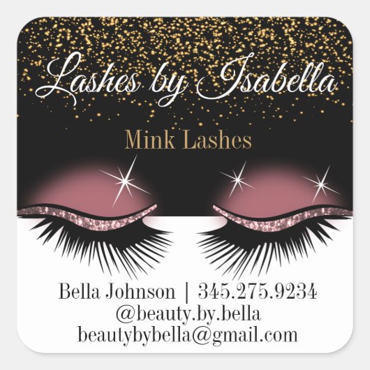 Roos gouden glitter wimpers vierkante sticker (Voorkant)