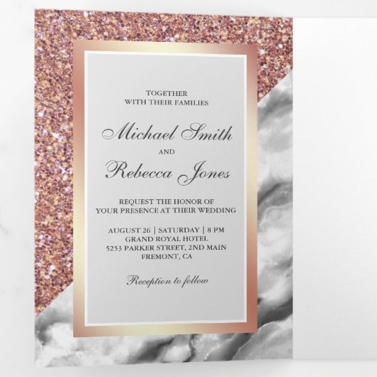 Roos Gouden Glitter Wit Marmer Alles In Een Huweli Drieluik Uitnodiging (Binnenzijde eerst)