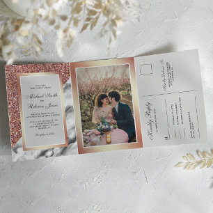 Roos Gouden Glitter Wit Marmer Alles In Een Huweli Drieluik Uitnodiging