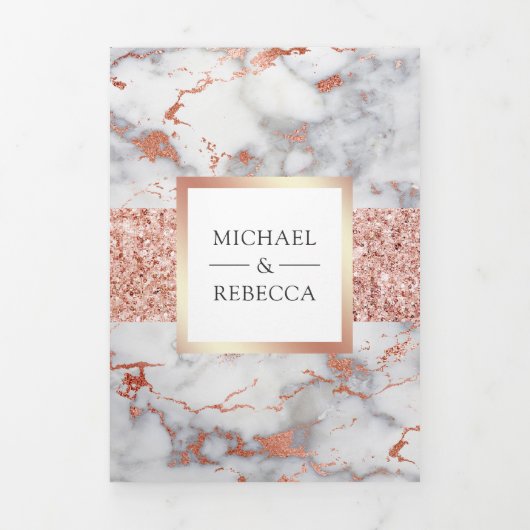 Roos Gouden Glitter Wit Marmeren Fotobruiloft Drieluik Uitnodiging (Cover)