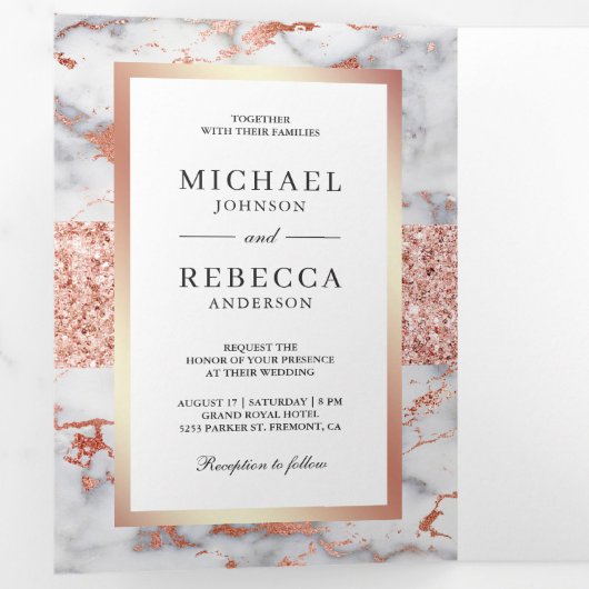 Roos Gouden Glitter Wit Marmeren Fotobruiloft Drieluik Uitnodiging (Binnenzijde eerst)