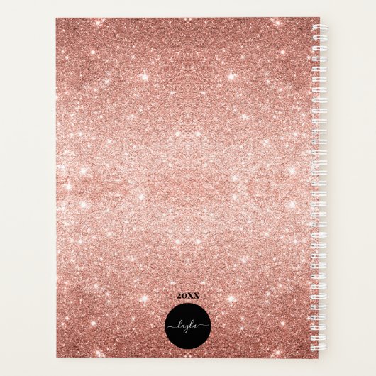 Roos gouden glitter + witte streep bloemenmonogram planner (Achterkant)