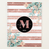 Roos gouden glitter + witte streep bloemenmonogram planner (Voorkant)
