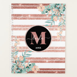 Roos gouden glitter + witte streep bloemenmonogram planner