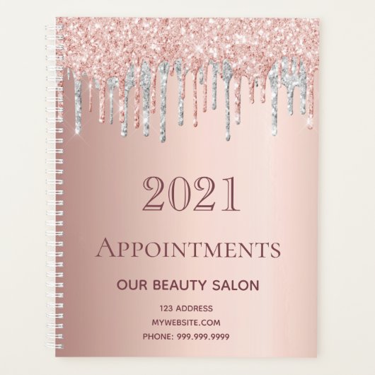 Roos Gouden Glitter Zilveren Salon Afspraken 2025 Planner (Voorkant)
