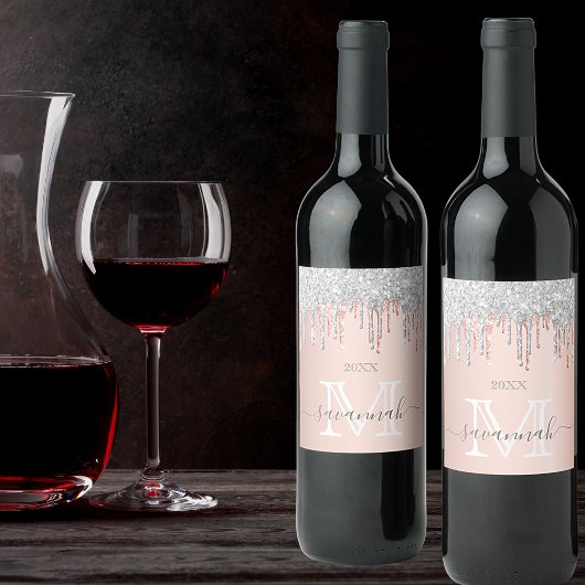 Roos gouden glitter zilversparren monogram wijn etiket