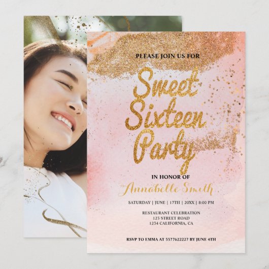roos gouden glitter zoet 16 uitnodiging (Voorkant / Achterkant)