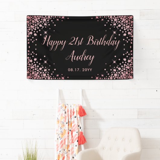 Roos Gouden Glitter Zwart 21e Verjaardag Monogram Spandoek (Insitu)