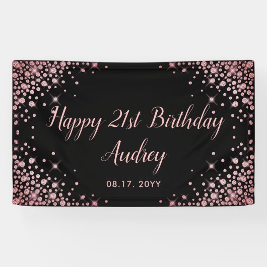 Roos Gouden Glitter Zwart 21e Verjaardag Monogram Spandoek (Horizontaal)