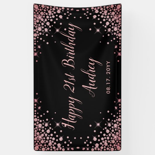 Roos Gouden Glitter Zwart 21e Verjaardag Monogram Spandoek (Verticaal)