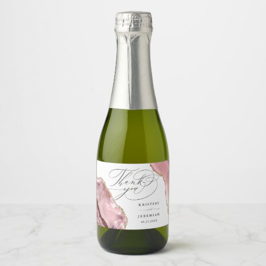 Roos Gouden Glitter Zwart Script Bruiloft Dank u Sparkling Wijnetiket (Voorkant)