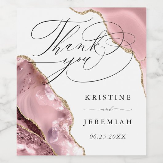 Roos Gouden Glitter Zwart Script Bruiloft Dank u Wijn Etiket (Enkel label)