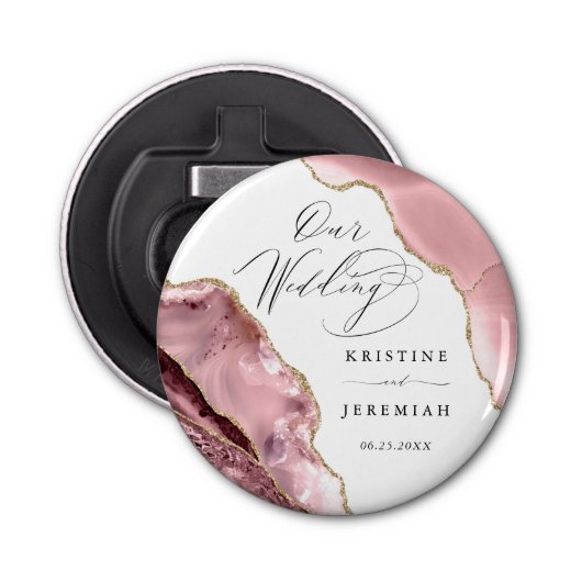 Roos Gouden Glitter Zwart Script Luxe bruiloft Bot Button Flesopener (Voorkant)