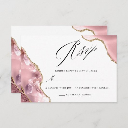 Roos Gouden Glitter Zwart Script Luxe bruiloft RSVP Kaartje (Voorkant / Achterkant)