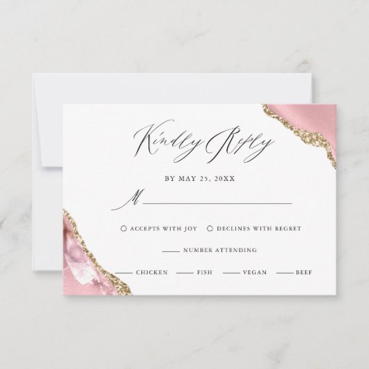 Roos Gouden Glitter Zwart Script Luxe bruiloft RSVP Kaartje (Voorkant)