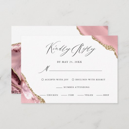Roos Gouden Glitter Zwart Script Luxe bruiloft RSVP Kaartje (Voorkant / Achterkant)
