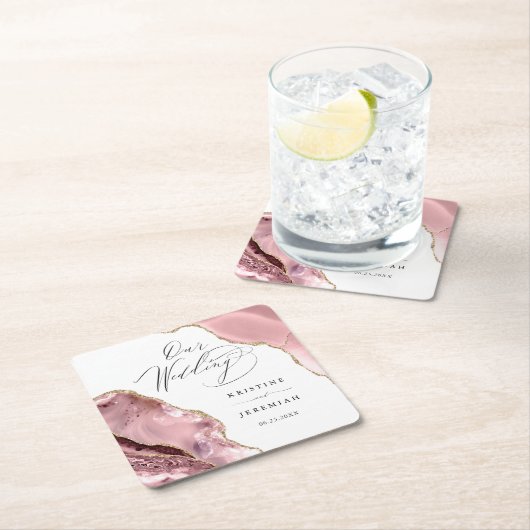 Roos Gouden Glitter Zwart Script Luxe Bruiloft Squ Kartonnen Onderzetters (Insitu)