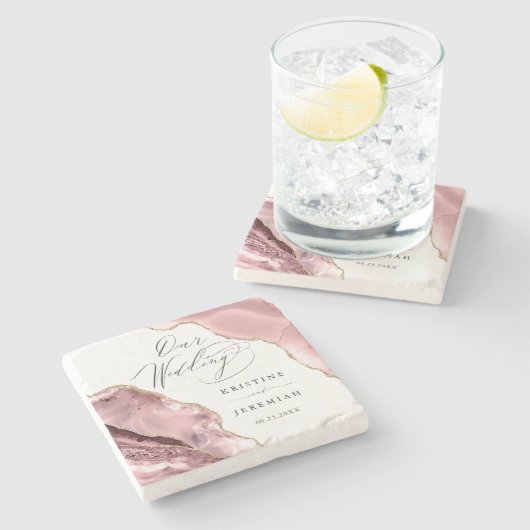 Roos Gouden Glitter Zwart Script Luxe bruiloft Stenen Onderzetter (Zijkant)