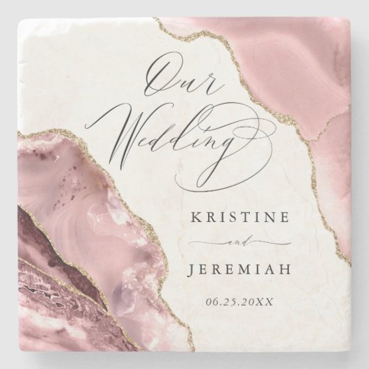 Roos Gouden Glitter Zwart Script Luxe bruiloft Stenen Onderzetter (Voorkant)