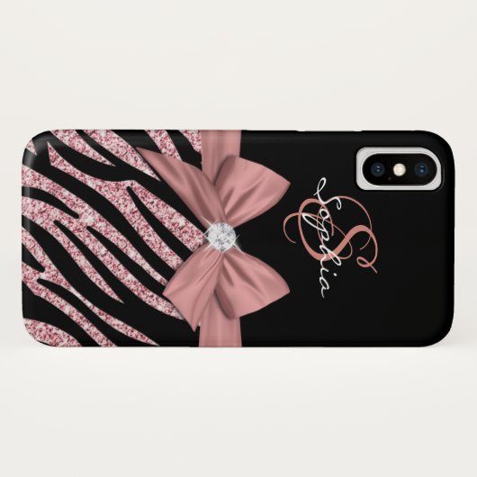 Roos Gouden Glitter Zwarte Zebra Strepen Bow Monog Case-Mate iPhone Case (Achterkant (horizontaal))