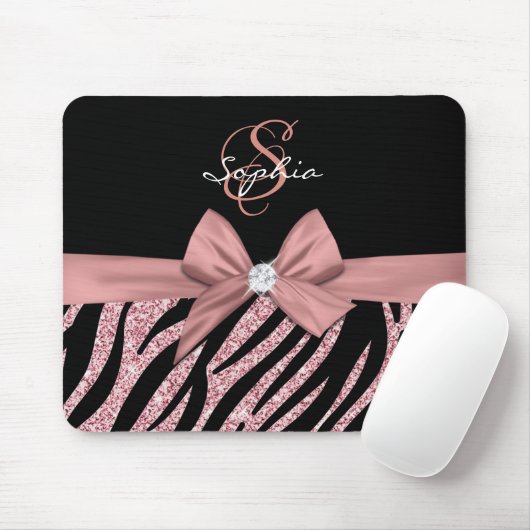 Roos Gouden Glitter Zwarte Zebra Strepen Bow Monog Muismat (Met muis)