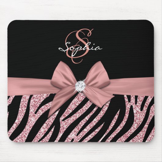 Roos Gouden Glitter Zwarte Zebra Strepen Bow Monog Muismat (Voorkant)