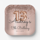 Roos Gouden Glitterballon 13de Verjaardag Monogram Papieren Bordje (Voorkant)