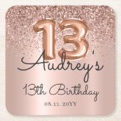 Roos Gouden Glitterballon Metallic 13e Verjaardag Kartonnen Onderzetters (Voorkant)