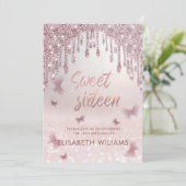 Roos gouden glitterie druppelt ombre butterfly inv kaart (Staand voorkant)