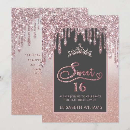 Roos gouden glitterie druppelt ombre tiara kaart (Voorkant / Achterkant)