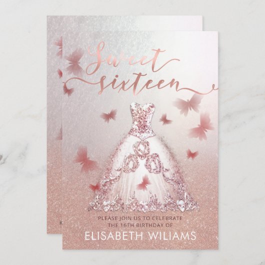 Roos gouden glitterij-modekleding charmant vlinder kaart (Voorkant / Achterkant)