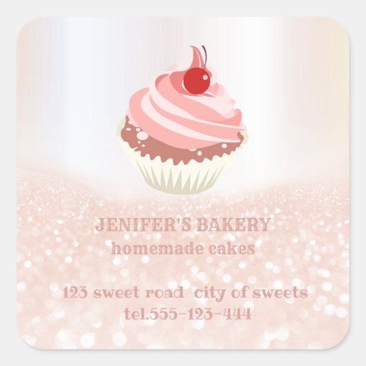 Roos gouden glitterij zelfgemaakte cupcakes en lek vierkante sticker (Voorkant)