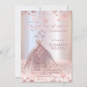 Roos gouden glitterjurk sterren Quinceañera Kaart