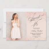 roos gouden glitterscript zwart roze foto Sweet 16 Kaart (Voorkant)
